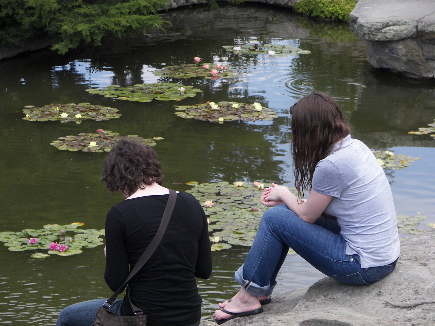 Pond on grounds of Boise Train Depot; L-R Anna and Catherine Bruton